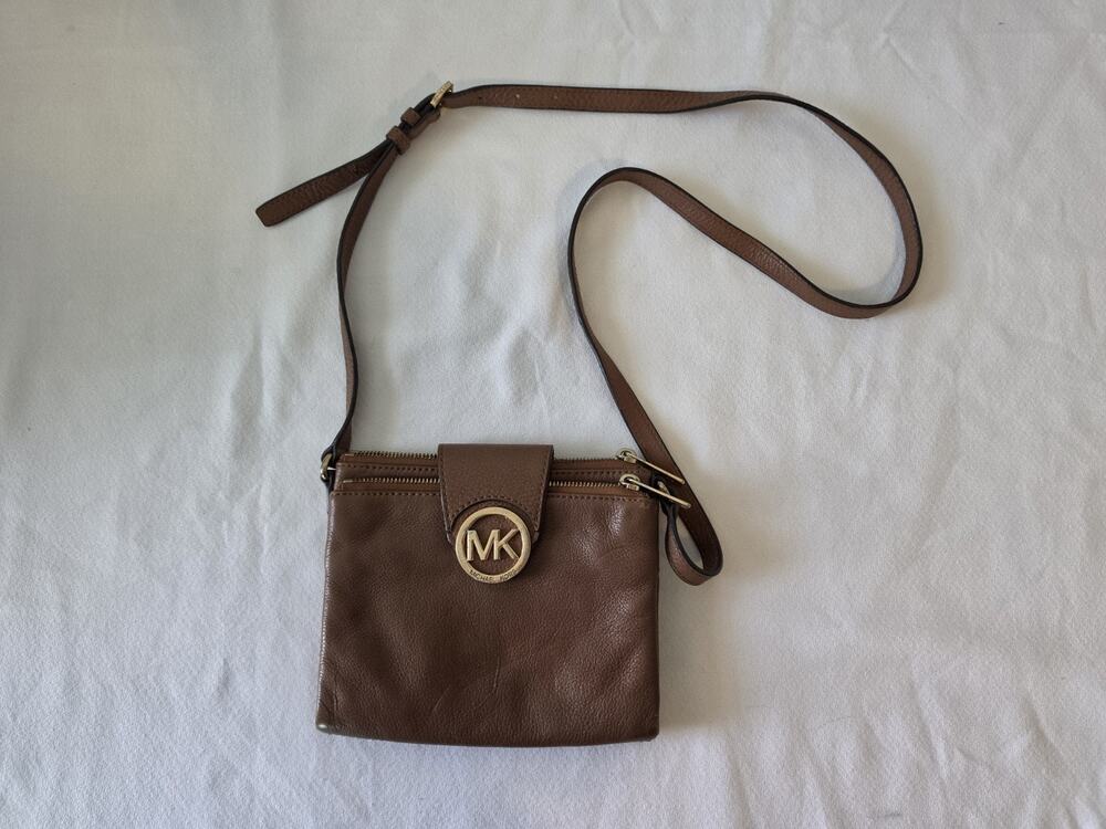 Michael Kors Fulton Double Zip Crossbody Bag Cognac Brown Pebbled Leather MK